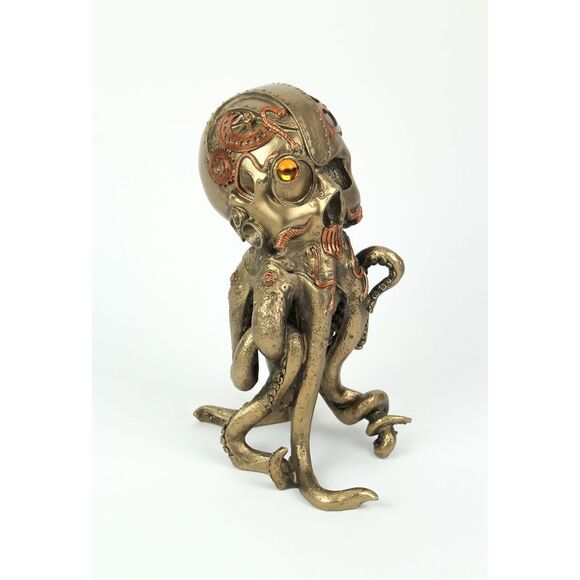 Bronze / Copper Finished Steampunk Human Skull / Octopus Fantasy Tabletop Statue - Picture 2 of 6
